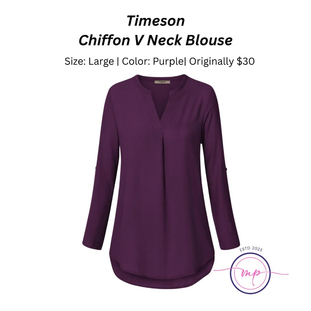 Timeson Casual Chiffon V Neck Blouse | Elegant 3/4 Sleeve | Size Large